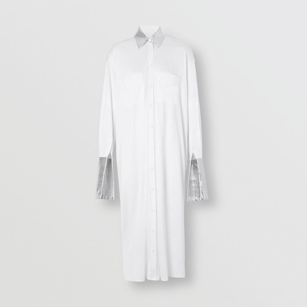 Burberry Mirrored Cotton Trim Silk Jersey Oversized Shirt Dress